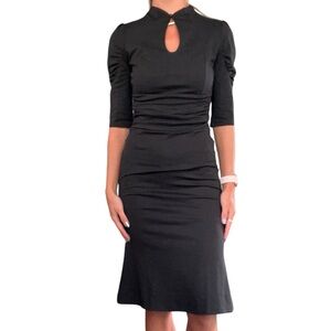 Amika Fashion Womens Sz Small Black Retro Mock Keyhole Neck 3/4 Sl Bodycon Dress